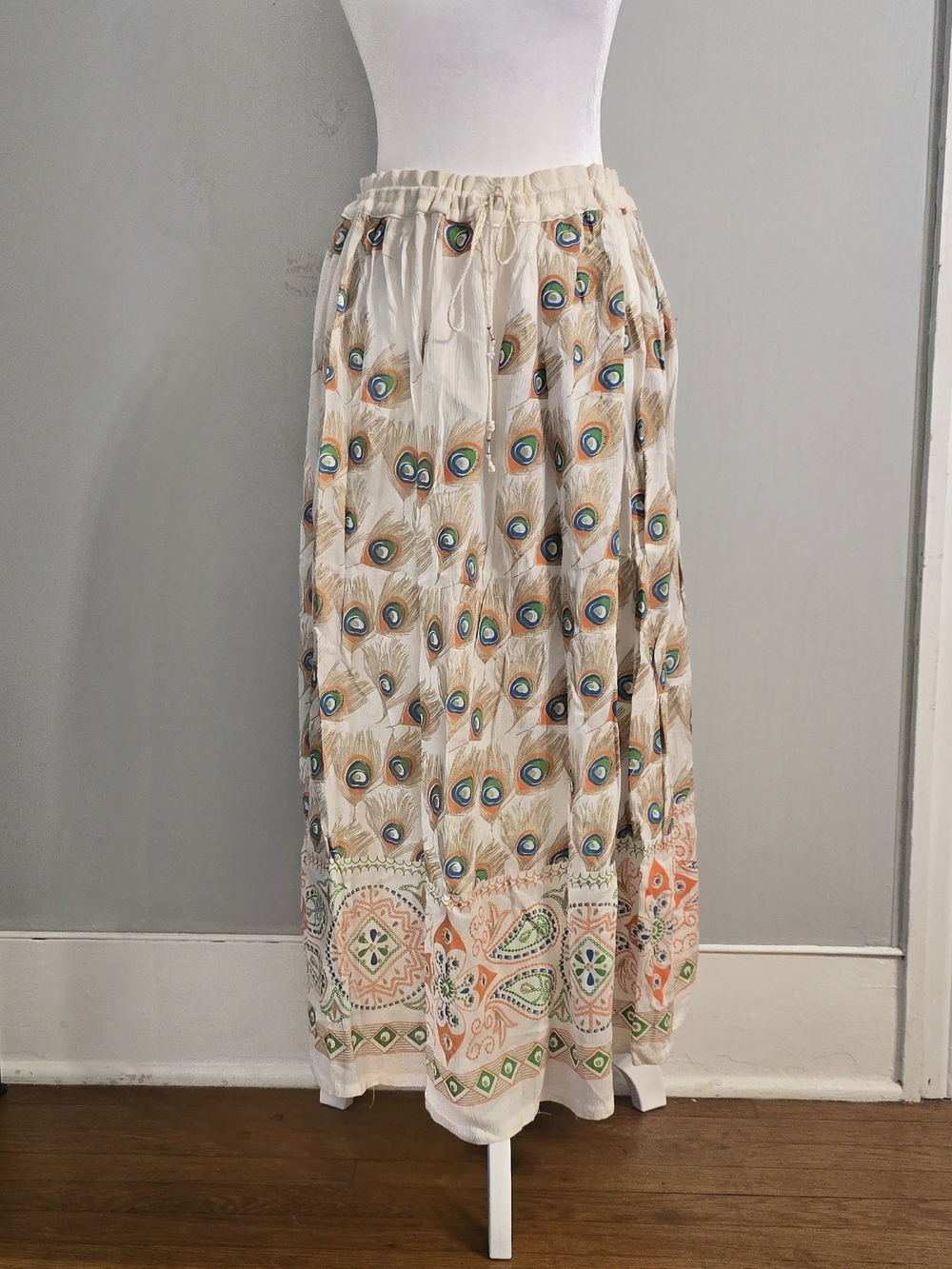 Boho Cream Peacock Print Maxi Skirt with Drawstring Waist